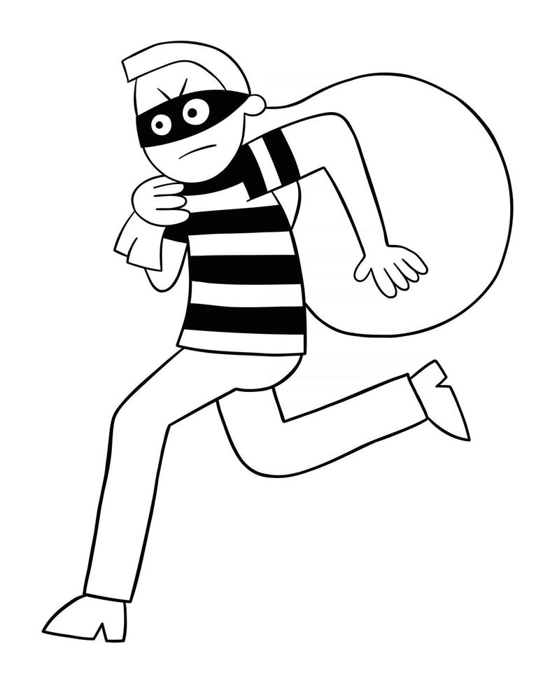 Hombre ladrón de dibujos animados huyendo con ilustración de vector de saco