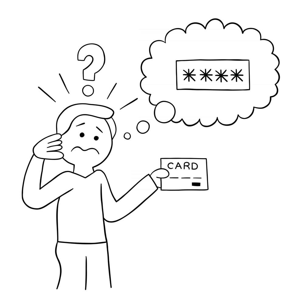 Cartoon Man Trying to Remember Credit Card Password Vector Illustration