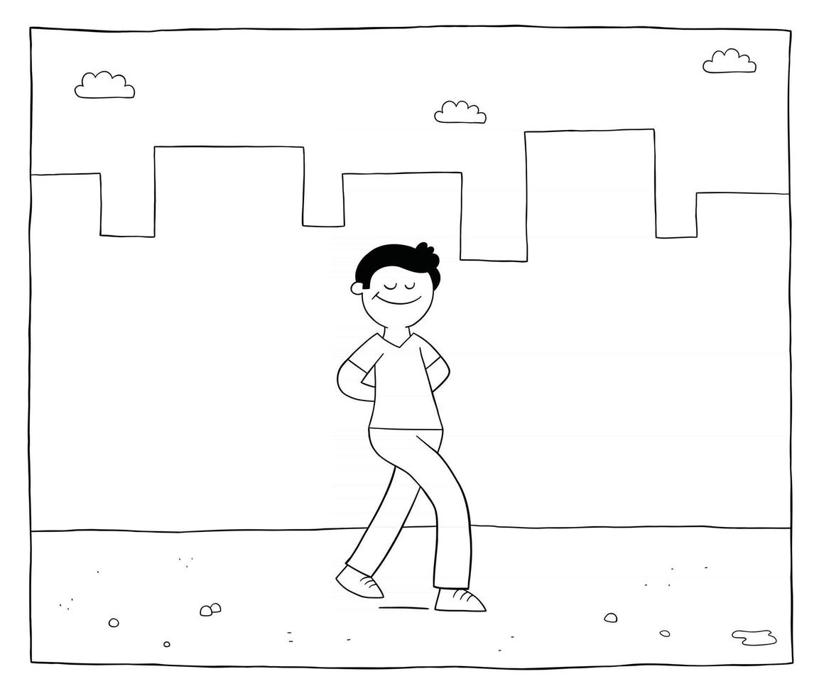 Cartoon Man Walks Alone on the Empty Street and is Happy Vector Illustration