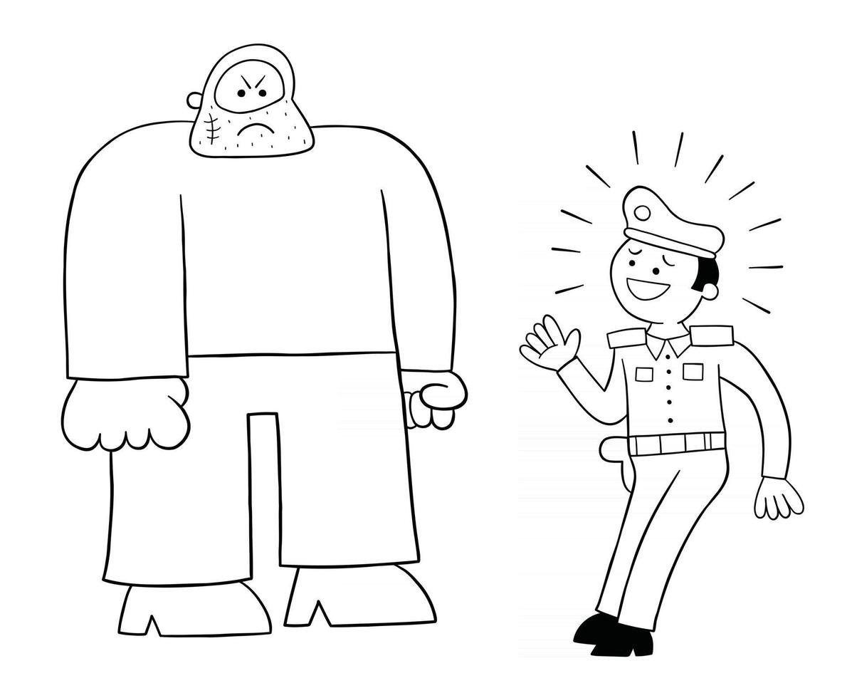 Cartoon Police Man Afraid of the Big Man Vector Illustration