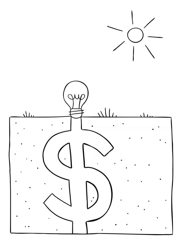 La ilustración vectorial de dibujos animados de la idea de la bombilla se planta en el suelo y se llena como un gran dólar debajo del suelo vector