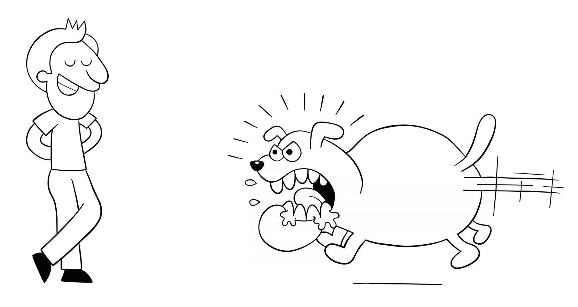 dibujos animados perro enojado y enorme corre para morder al hombre, pero el hombre no tiene miedo ilustración vectorial vector
