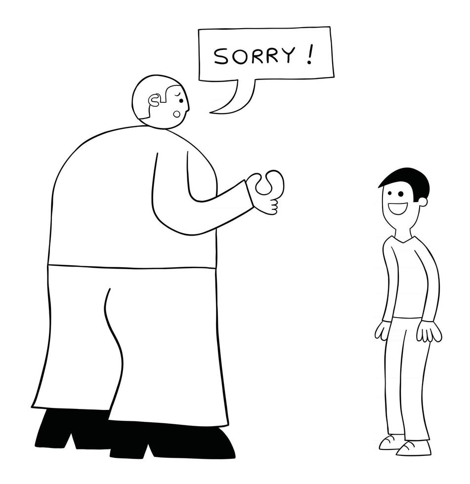 Cartoon Very Big Kind Man Apologizes on Weak Man Vector Illustration