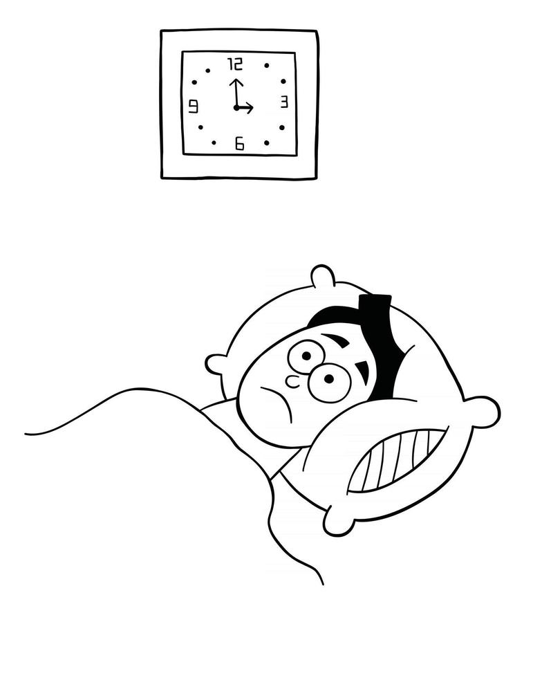 Cartoon Man can not Sleep and It is 3 Am Vector Illustration