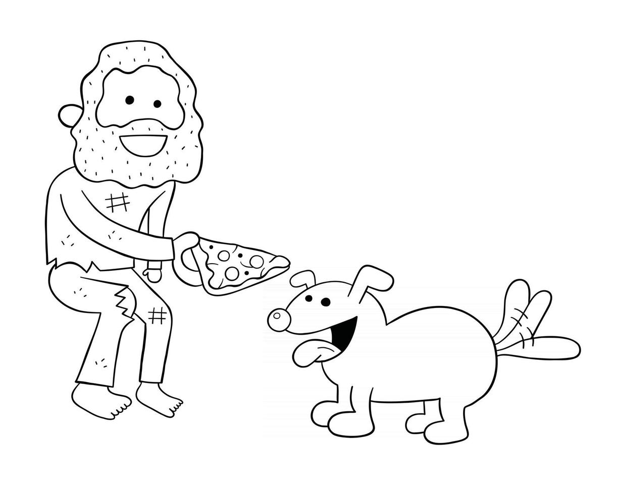 Cartoon Homeless Man Sharing Pizza Slice with Dog Vector Illustration