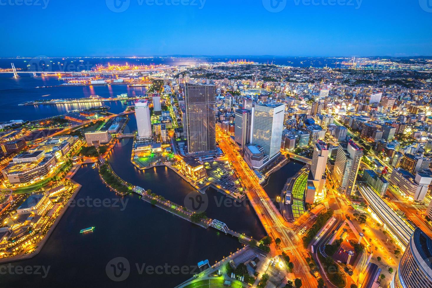 Aerial view of Yokohama port in Japan at night photo