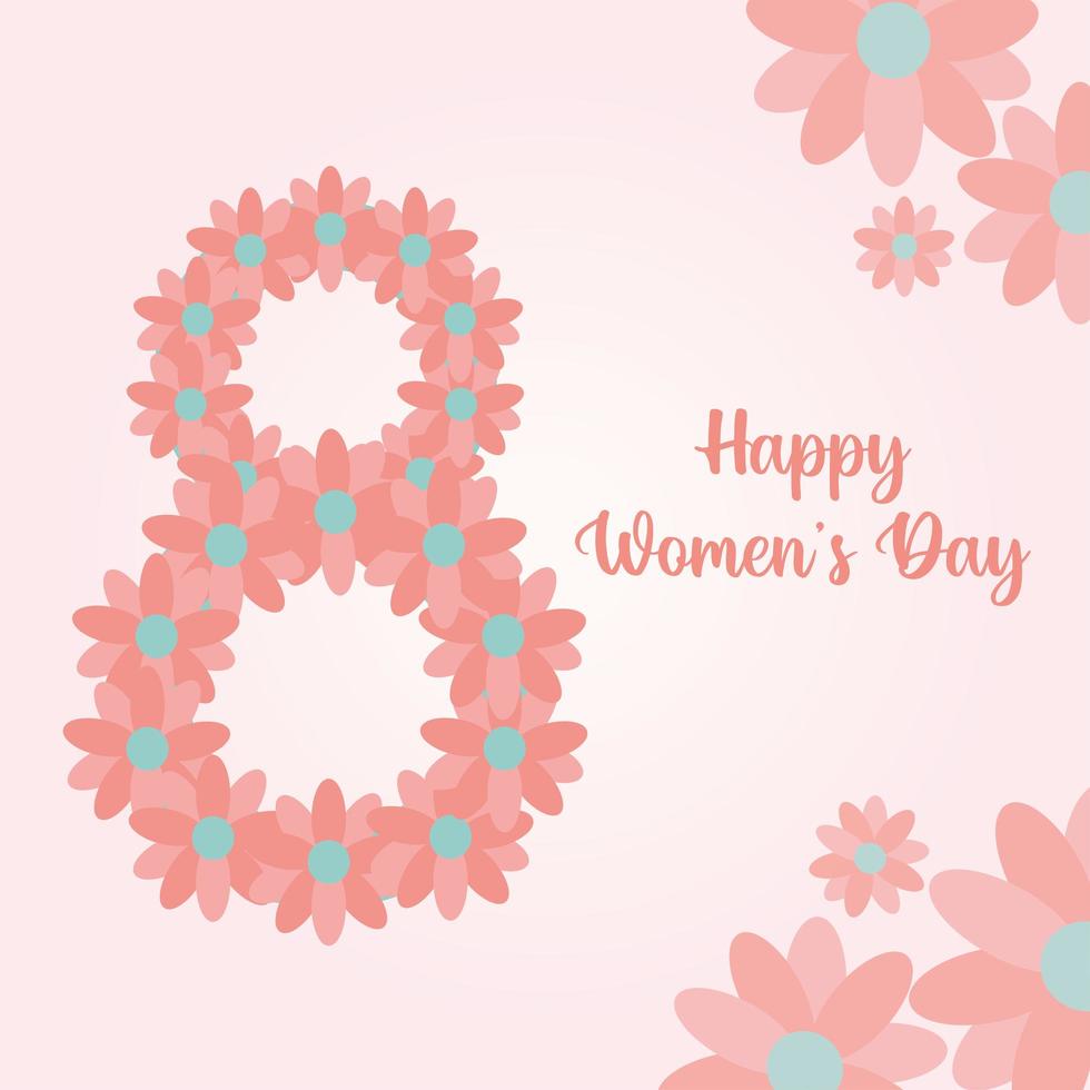 happy womens day lettering and pink number eight made of roses vector