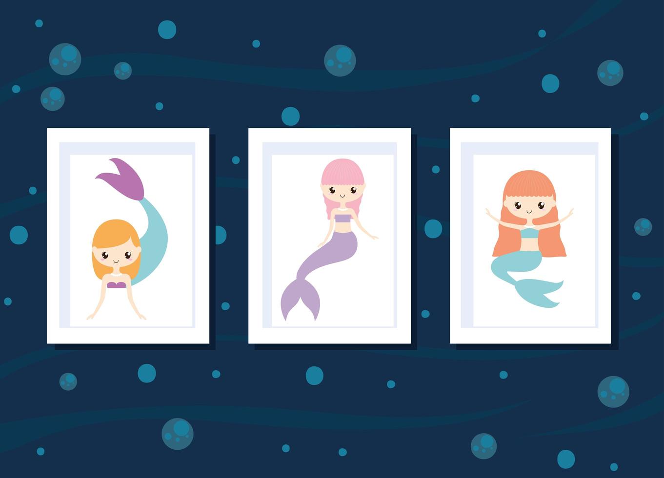 three mermaids cards vector