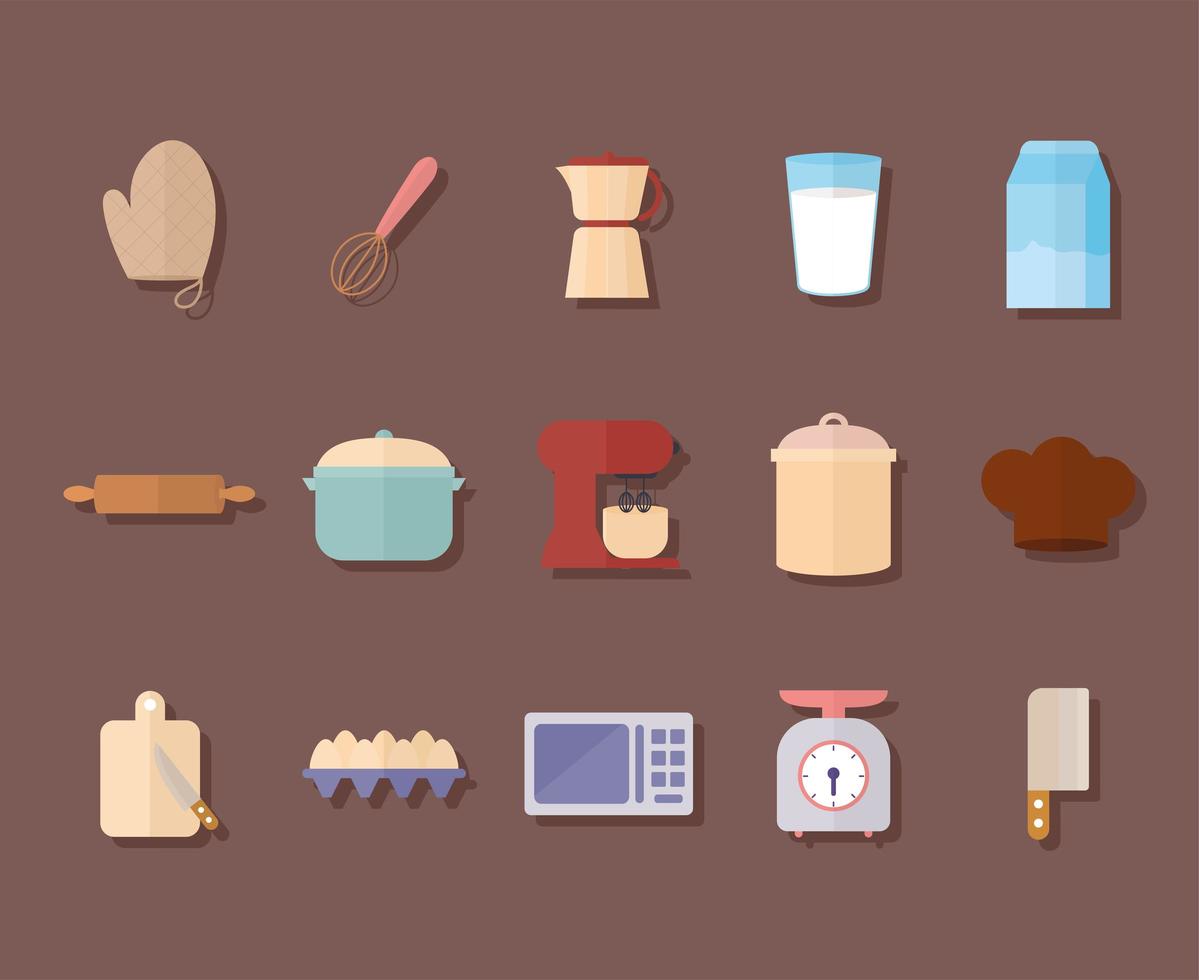 Paquete de iconos de utensilios de cocina sobre un fondo marrón vector