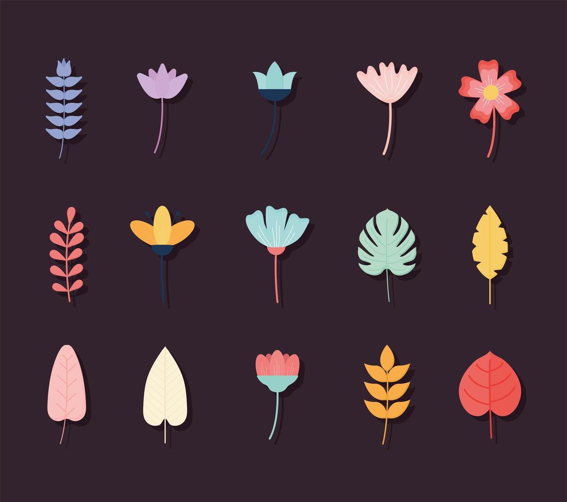 set of flowers on a dark background vector