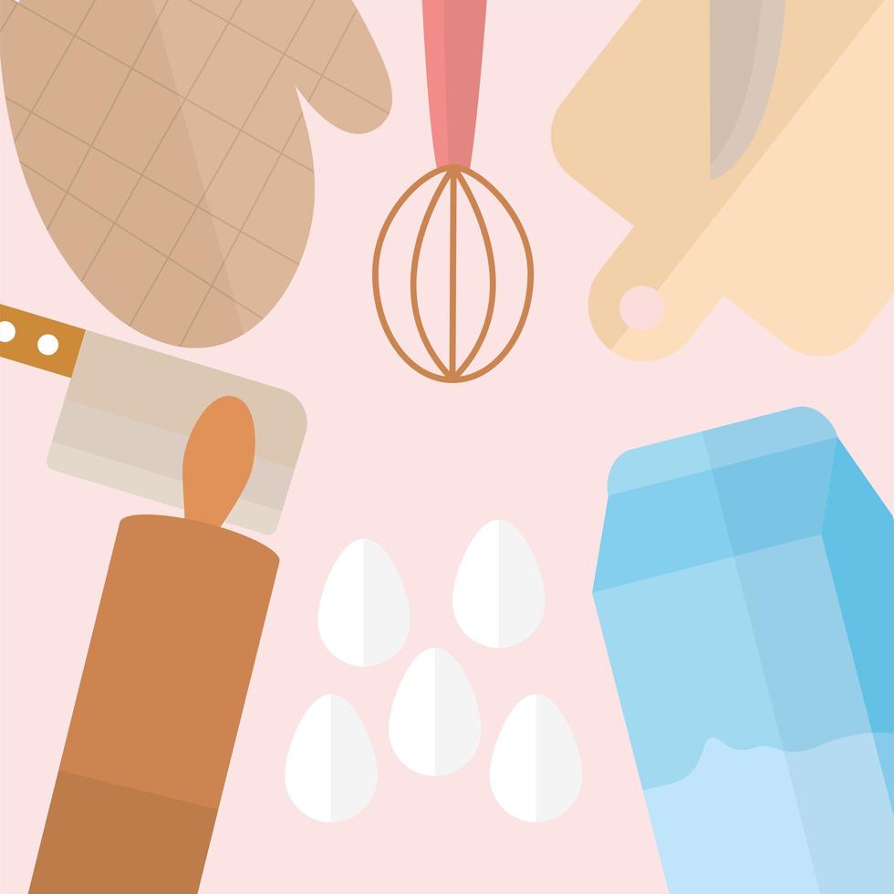 bundle of kitchenware icons on a pink background vector