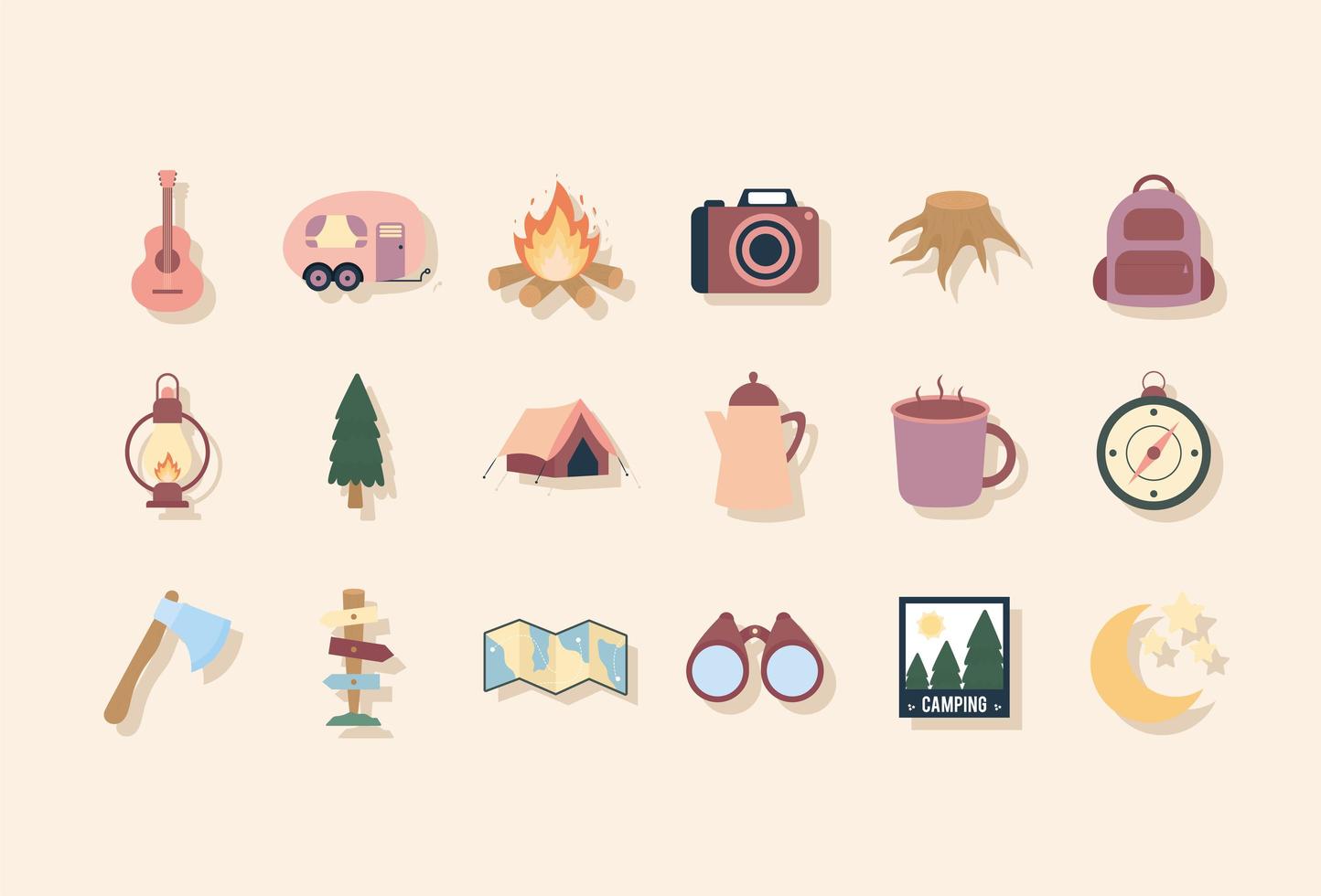 eighteen camping icons vector