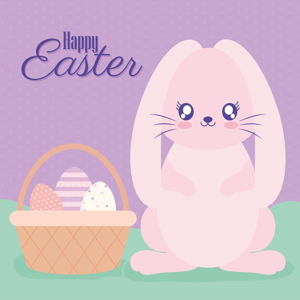 happy easter lettering, one basket full of easter eggs and one pink rabbit vector