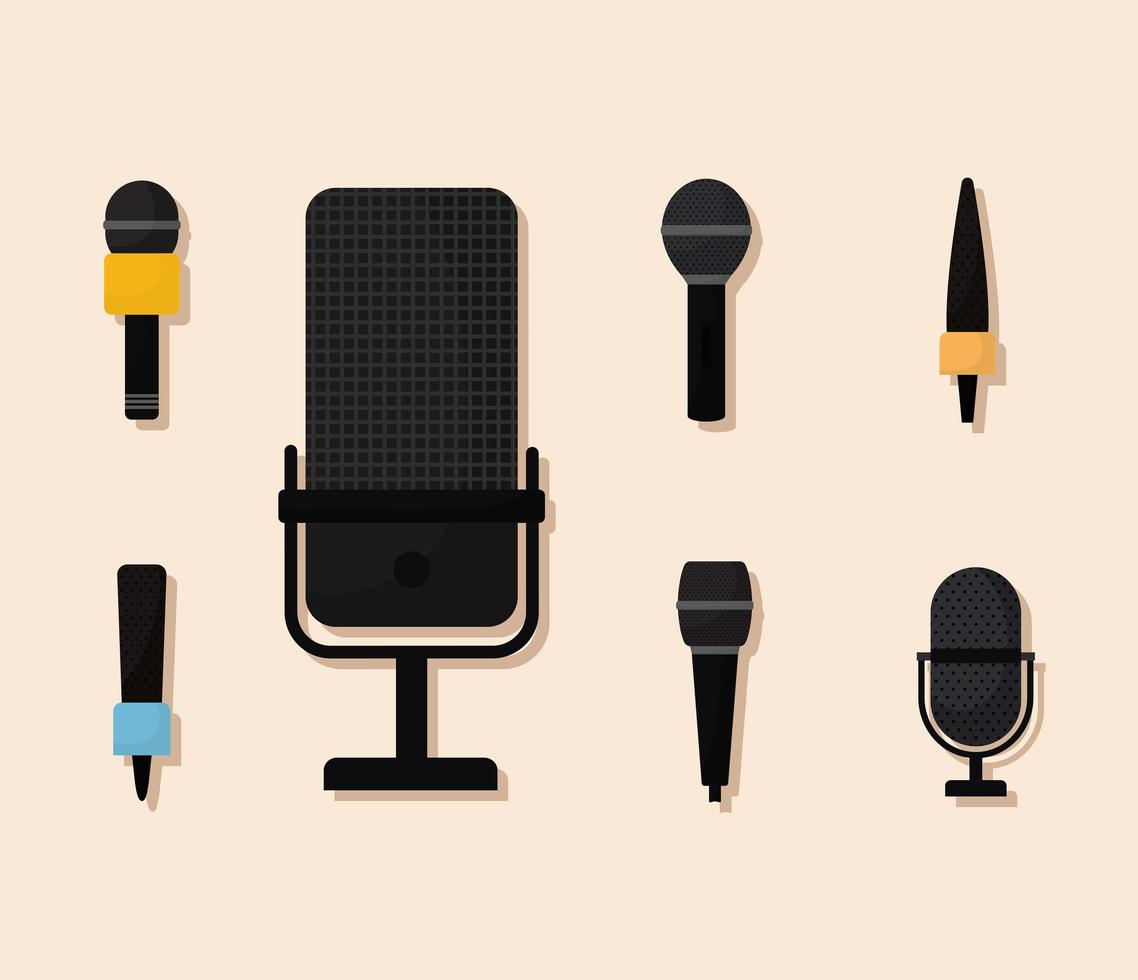 bundle of microphones icons over a beige background vector