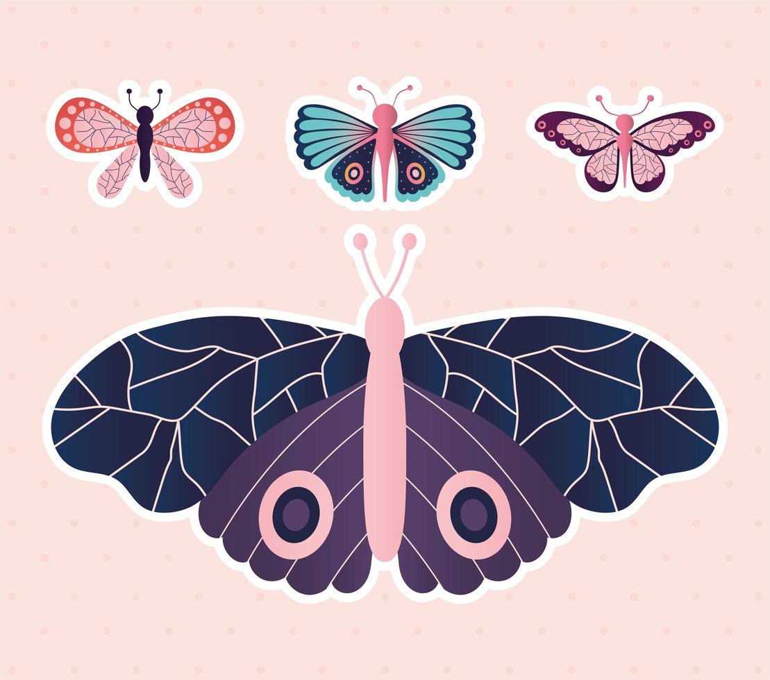 set of butterflies in a light pink background vector