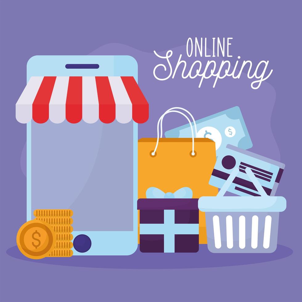 online shopping lettering and bundle of online store icons on a purple background vector