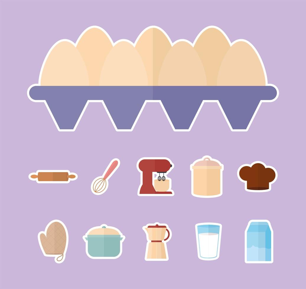 bundle of kitchenware icons on a purple background vector