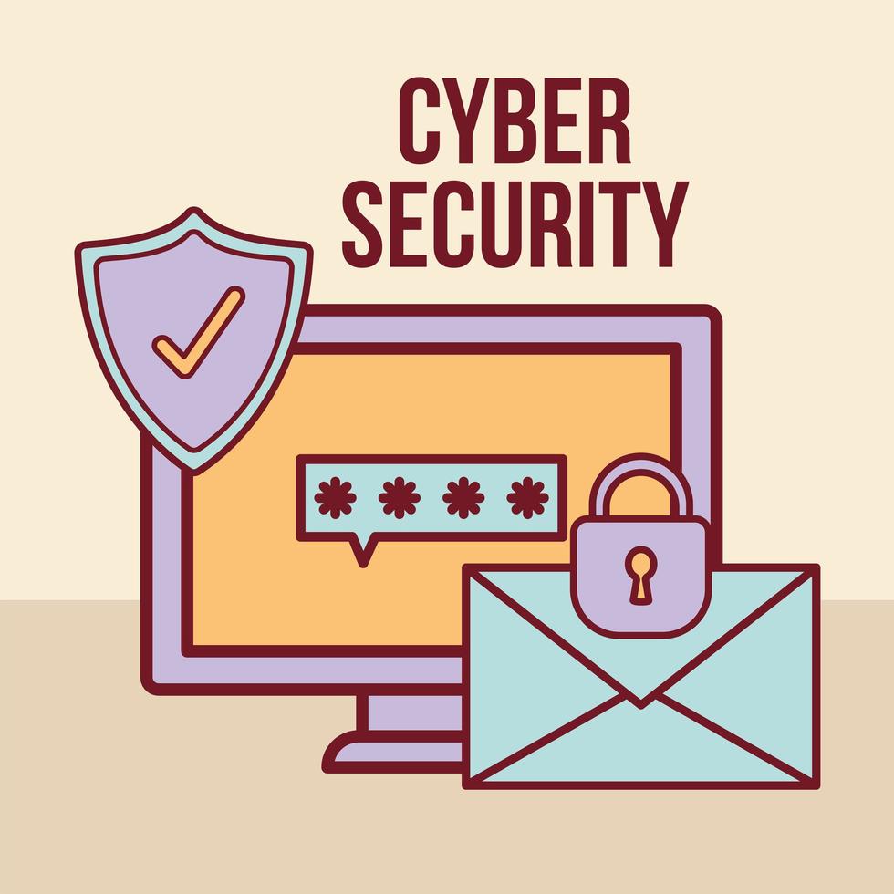 cyber security lettering and one screen with a password vector