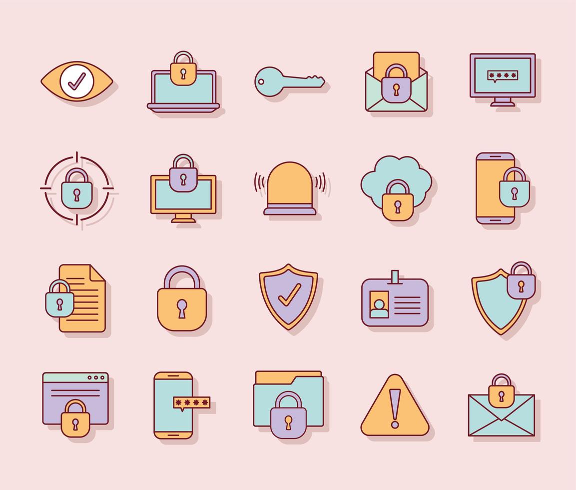 bundle of cyber security icons on a pink background vector