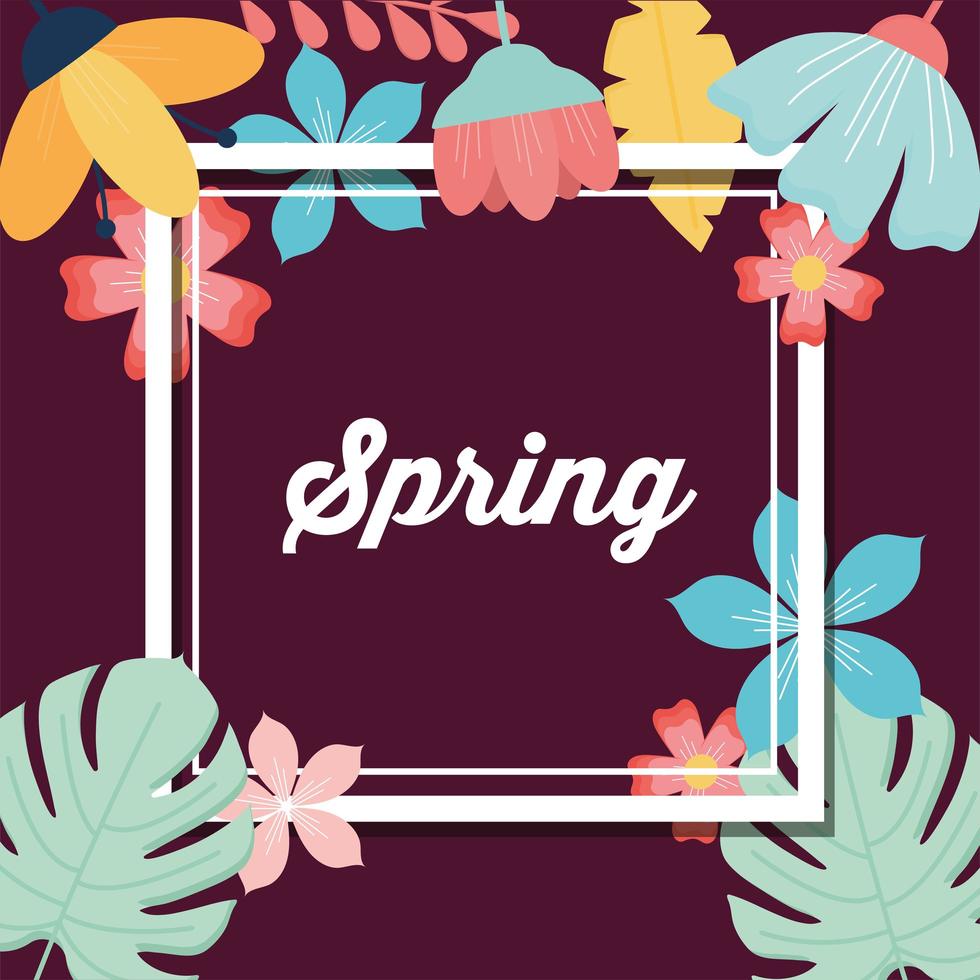 Letras de primavera en un marco y un conjunto de flores. vector