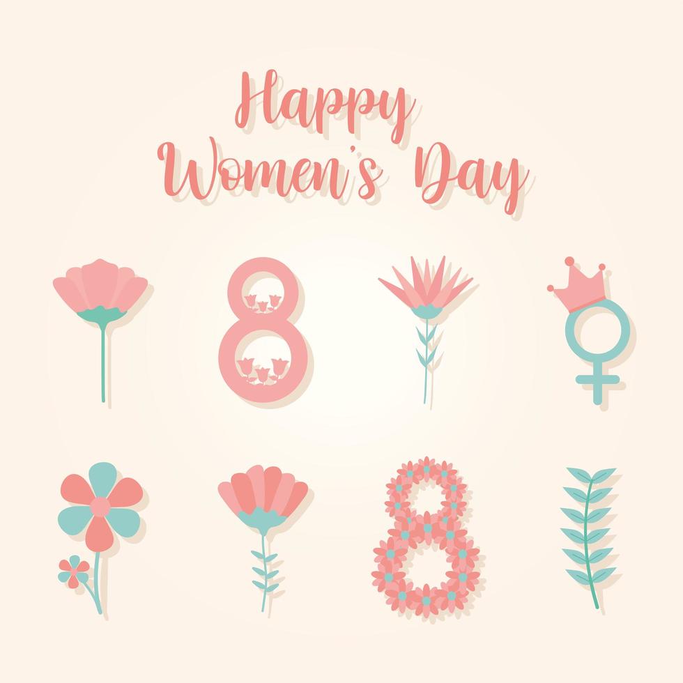happy womens day poster and set of womens day icons vector