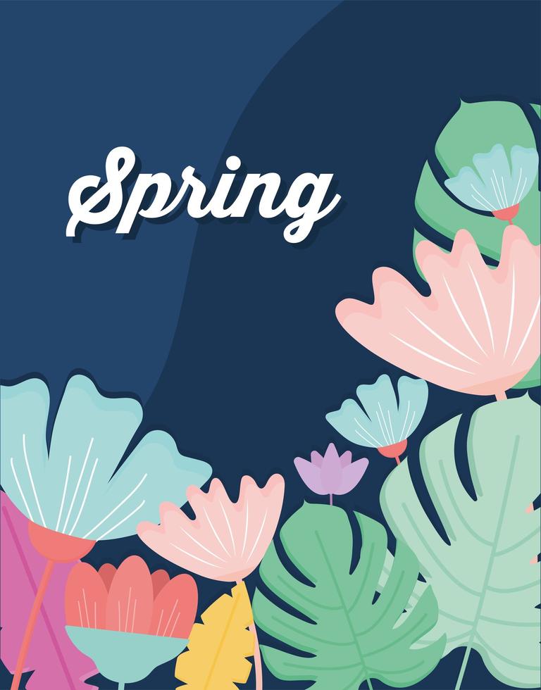 Letras de primavera y conjunto de flores sobre un fondo azul. vector