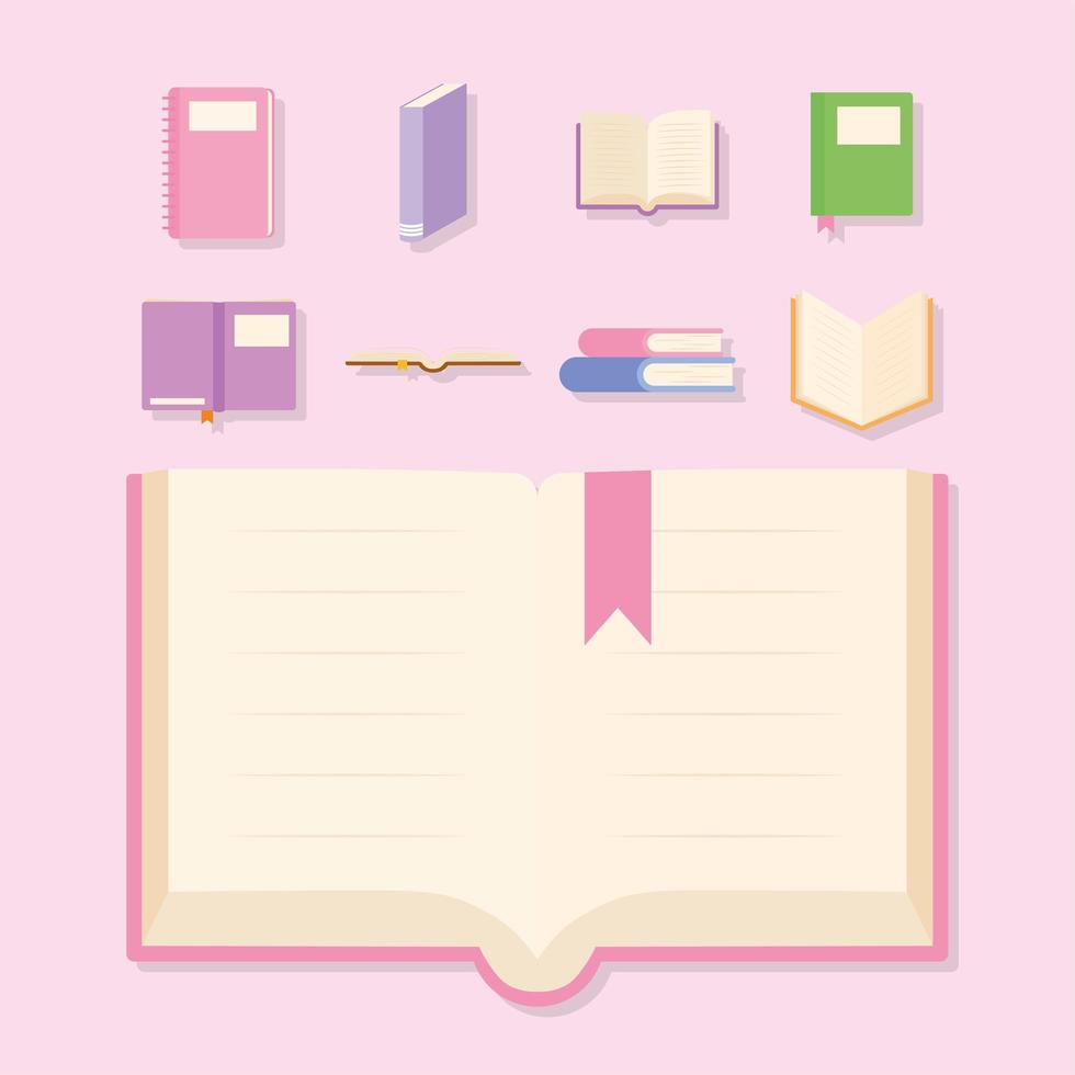 conjunto de iconos de libros sobre un fondo rosa vector