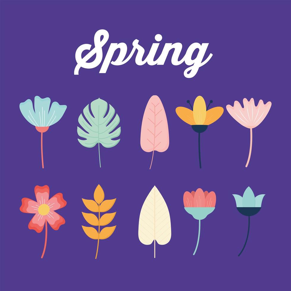 Letras de primavera y conjunto de flores sobre un fondo morado vector