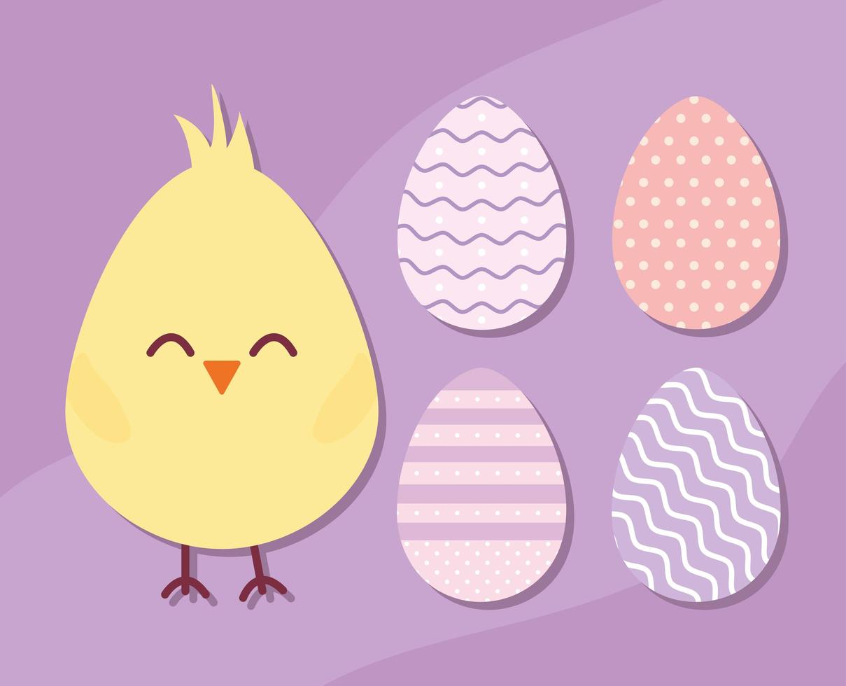 pollito y juego de huevos de pascua. vector