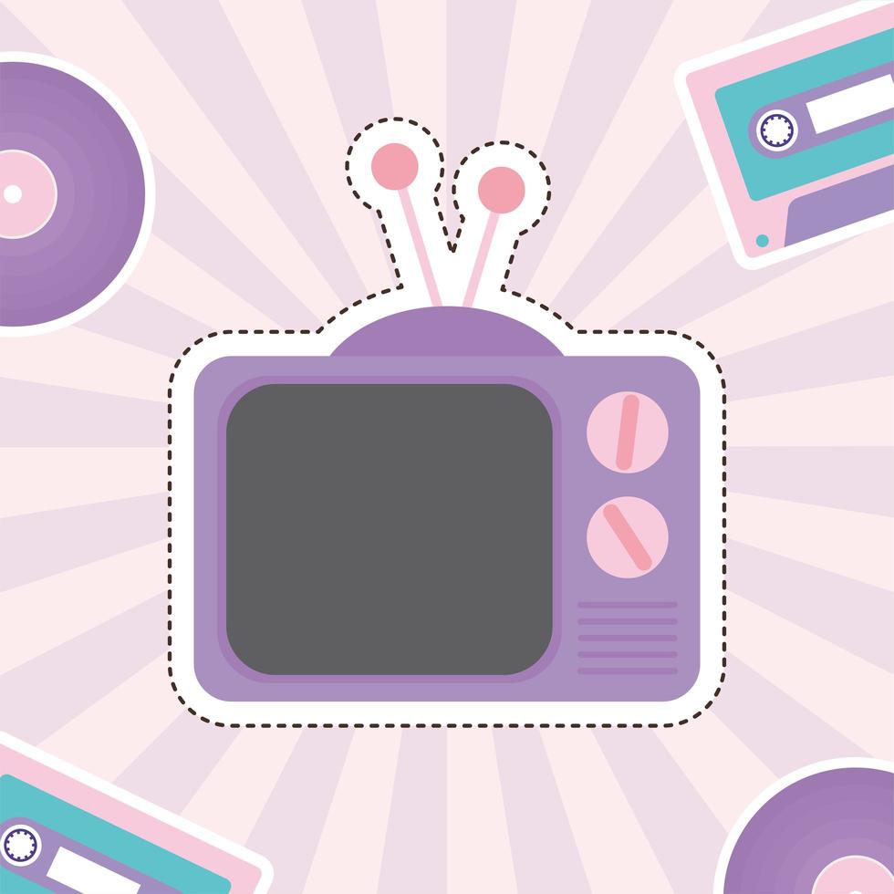 80s patch of a television surrounded by cassettes and vinyls vector