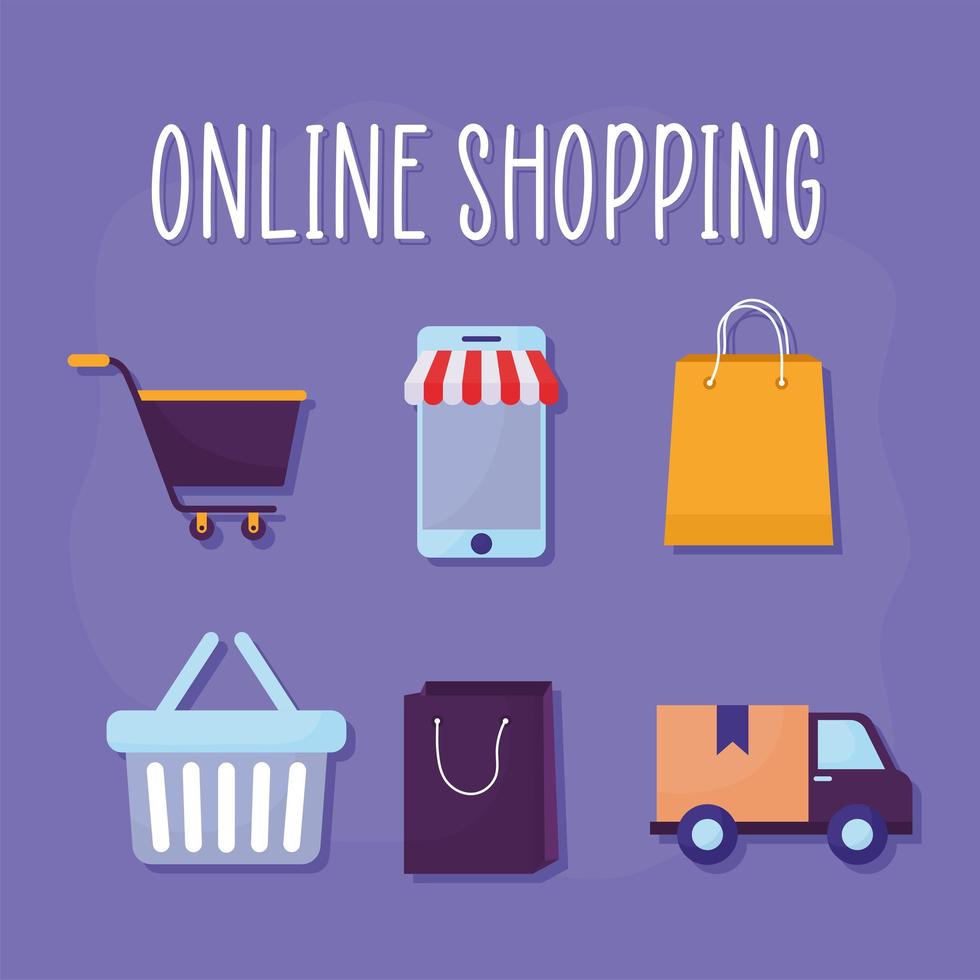 online shopping lettering and bundle of online store icons vector