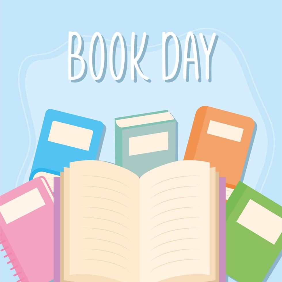 Día del libro letras y paquete de iconos de libros sobre un fondo azul. vector