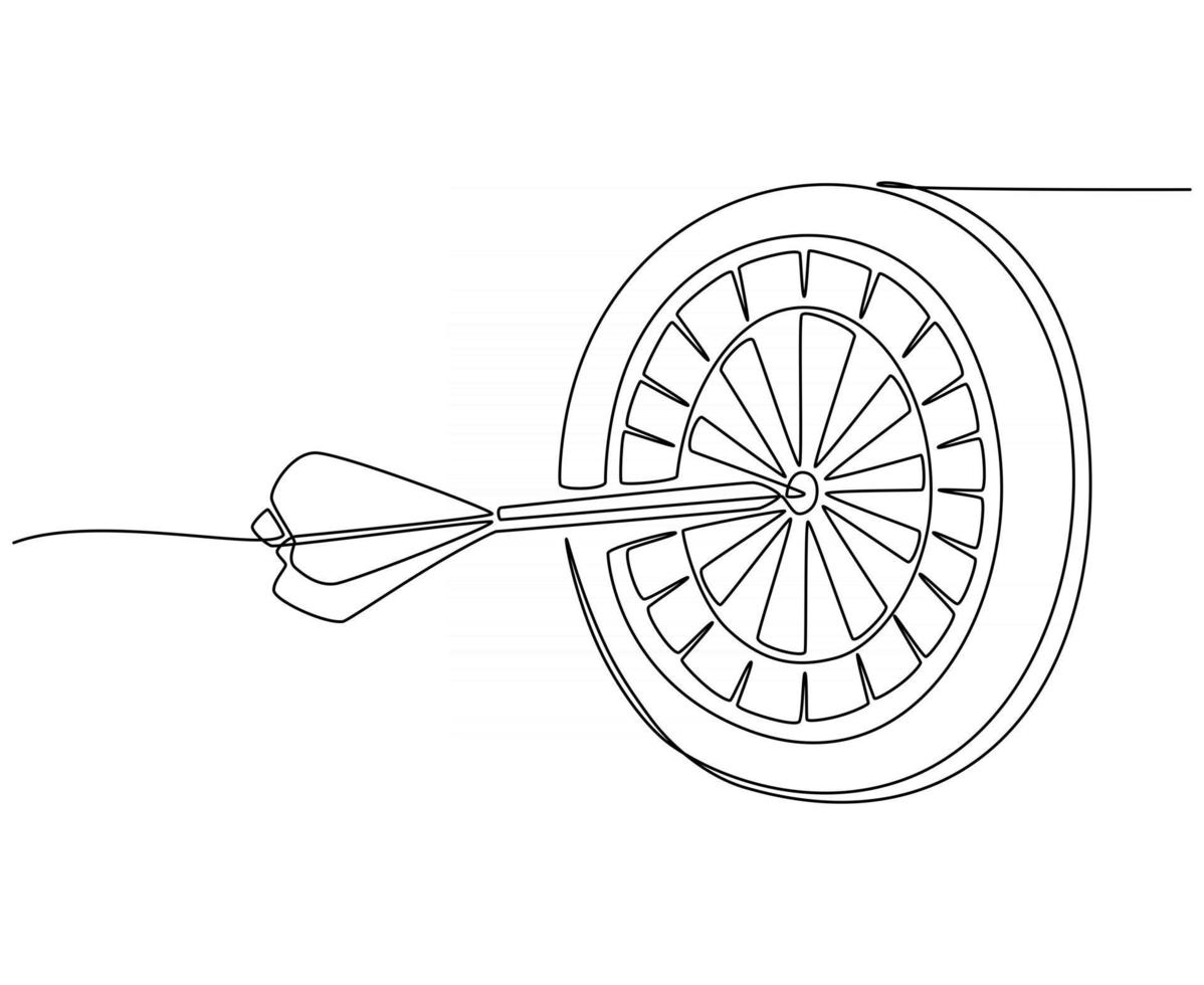 One line drawing of arrows continuously firing on target at archery target board vector illustration