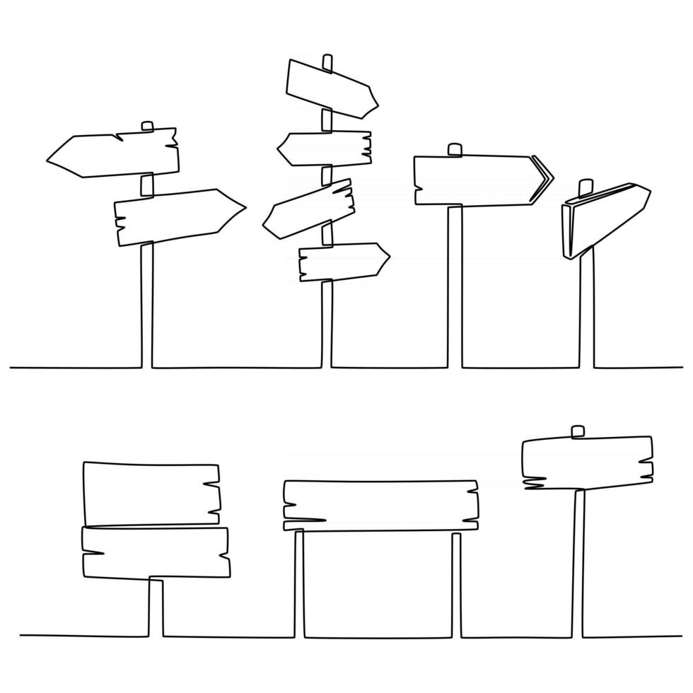 Continuous line drawing of set of signposts vector illustration