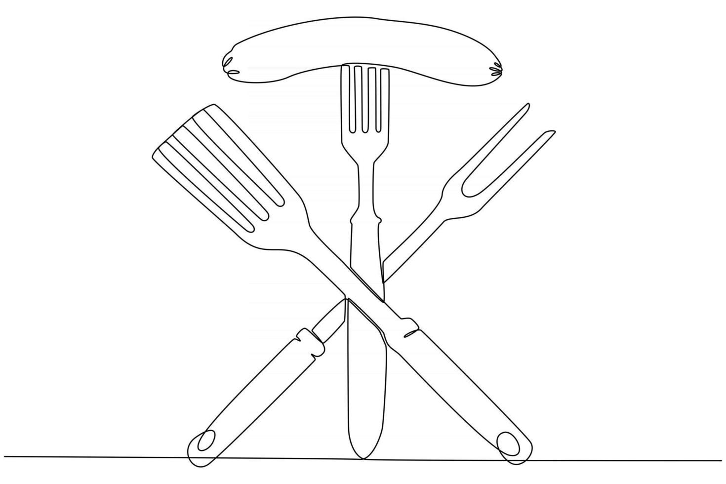 Continuous line drawing of sausage with fork at bbq party vector illustration