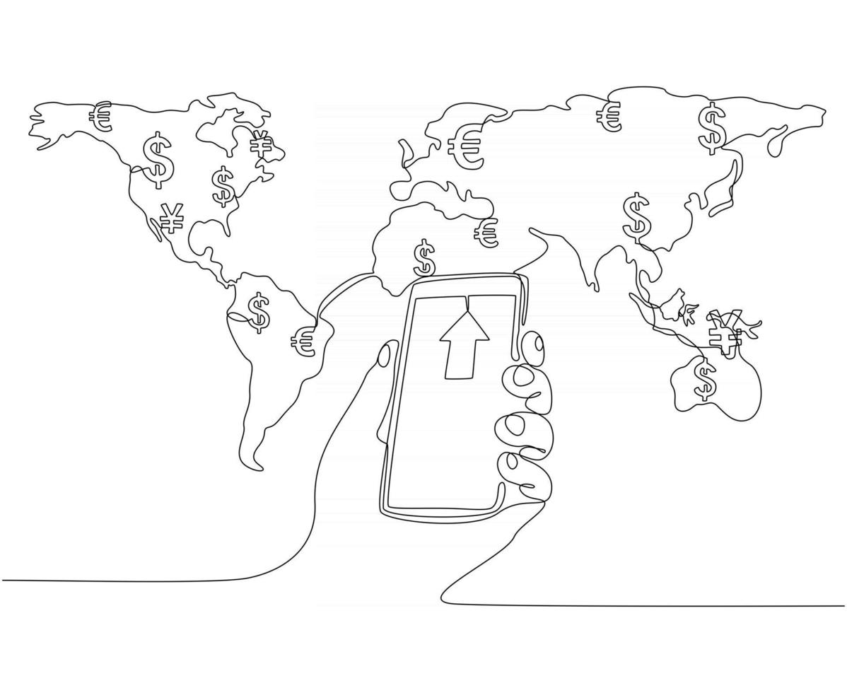 dibujo de línea continua del concepto de transferencia de dinero global con ilustración de vector de empresario