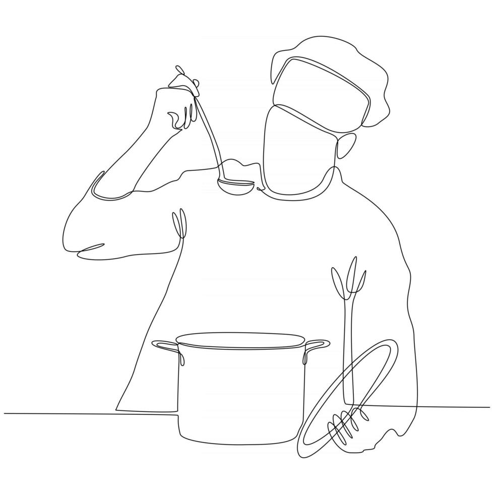 continuous line drawing of chef tasting food vector illustration