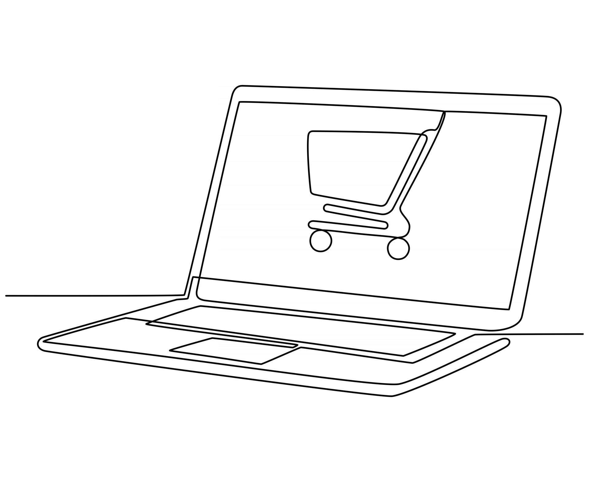 continuous line drawing of online shopping concept on a laptop vector