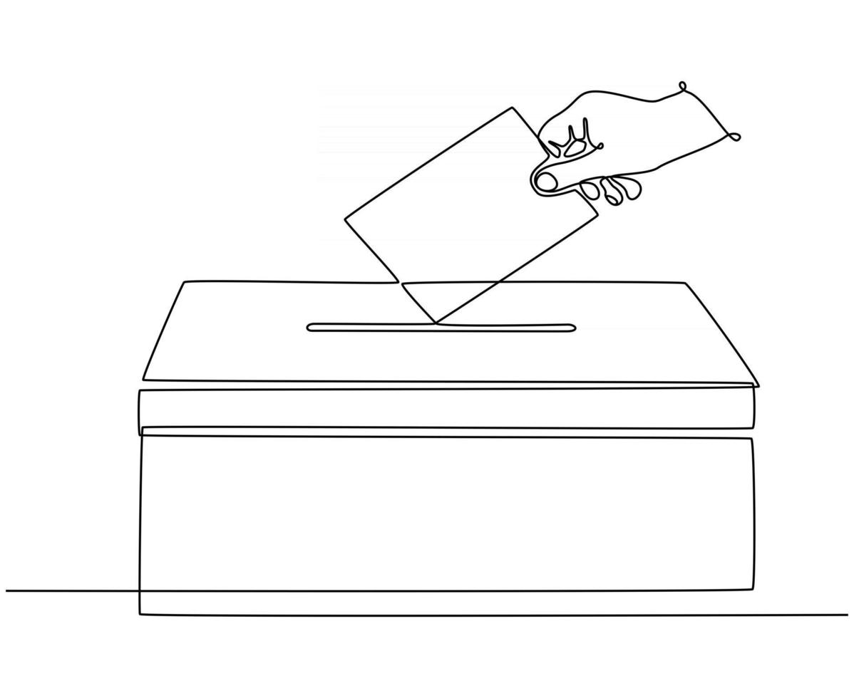 continuous line drawing. Hands of someone using the vote into the ballot box in a selection vector illustration