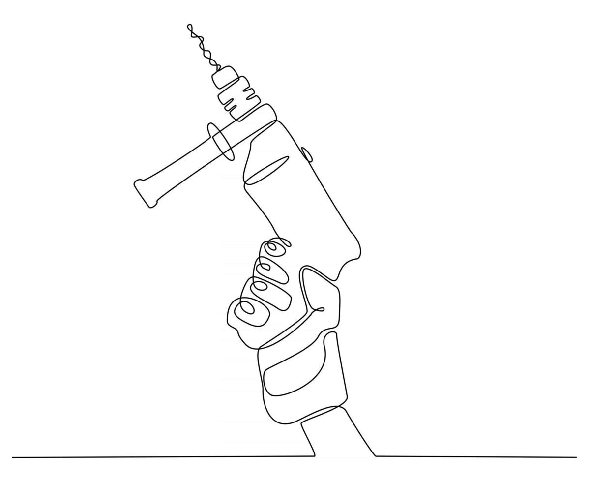 dibujo de línea continua de una mano sosteniendo una ilustración de vector de taladro de hormigón