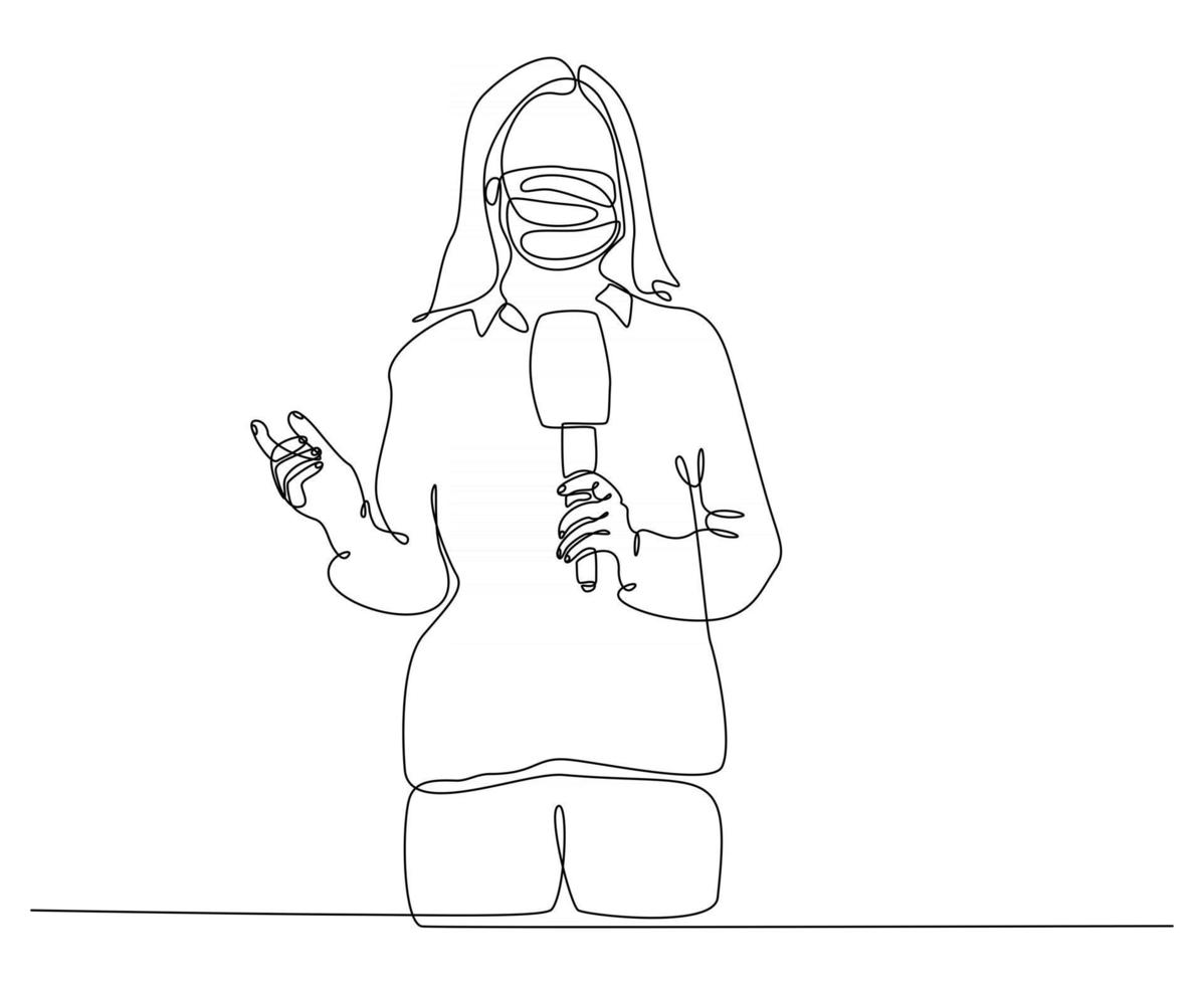 Continuous line drawing Reporters doing live broadcast using masks, vector illustration