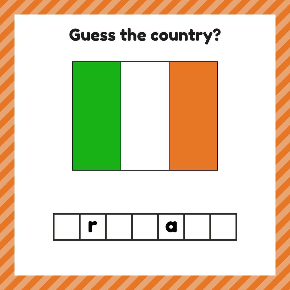 Worksheet on geography for preschool and school kids. Crossword. Ireland flag. Cuess the country. vector