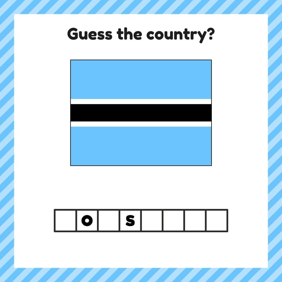 Worksheet on geography for preschool and school kids. Crossword. Botswana flag. Cuess the country. vector