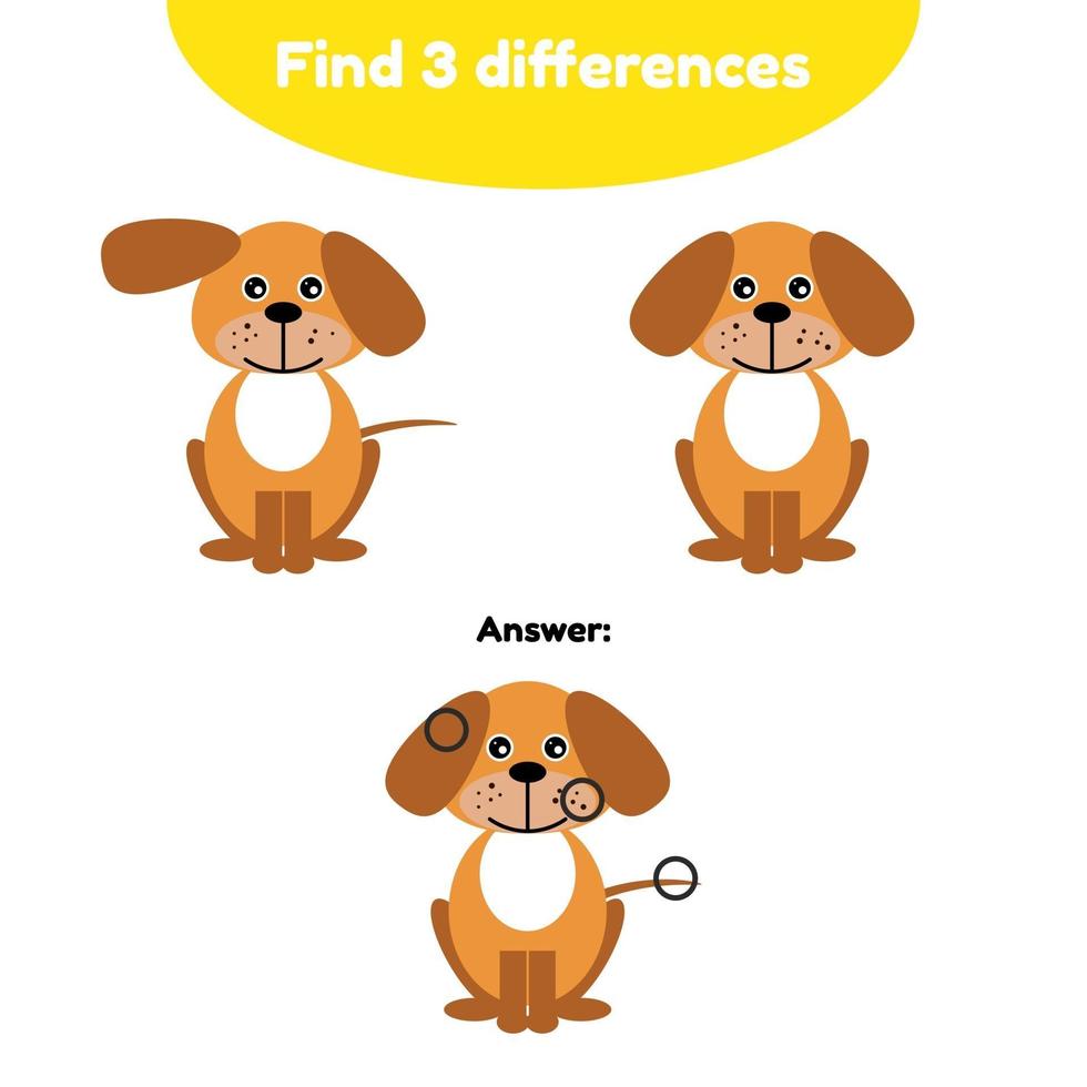 Vector illustration. Puzzle game for preschool children. Find 3 differences. With the answer. brown cute cartoon dog, puppy with bone