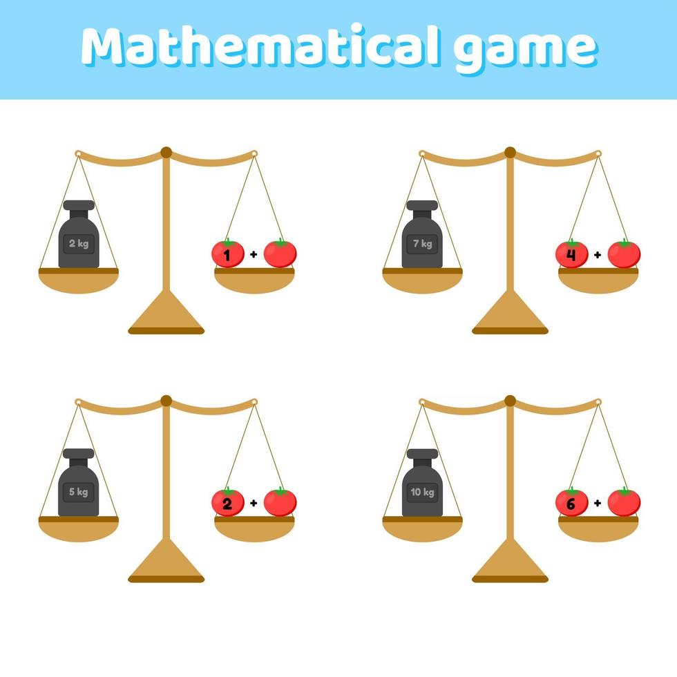 ilustración vectorial. juego de matemáticas para niños en edad escolar y preescolar. balanzas y pesos. adición. tomates vegetales. vector