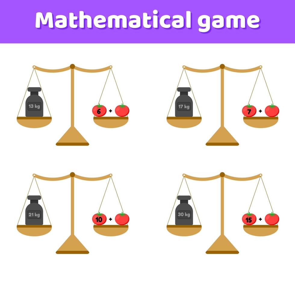 vector illustration. Math game for kids of school and preschool age. Scales and weights. Addition. Vegetables tomatoes.