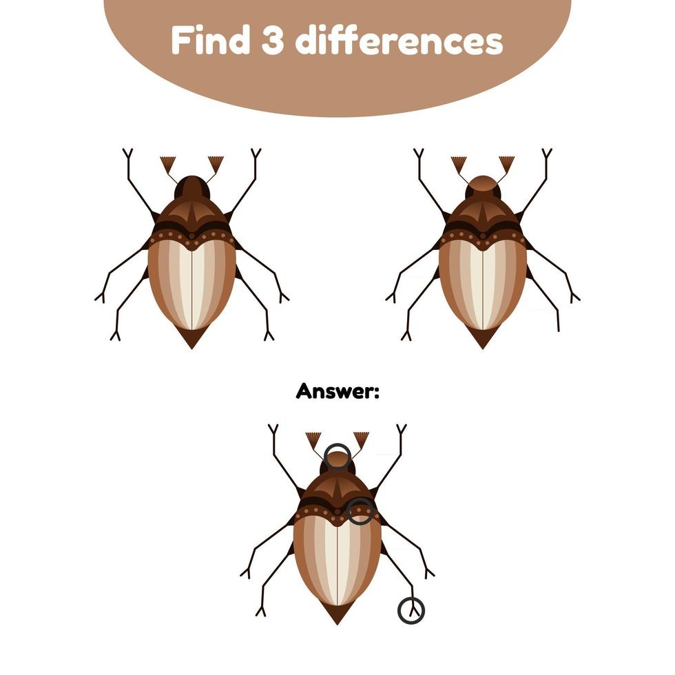 ilustración vectorial. juego de rompecabezas para niños en edad preescolar. encuentra 3 diferencias. con la respuesta. puede escarabajo, chafer vector