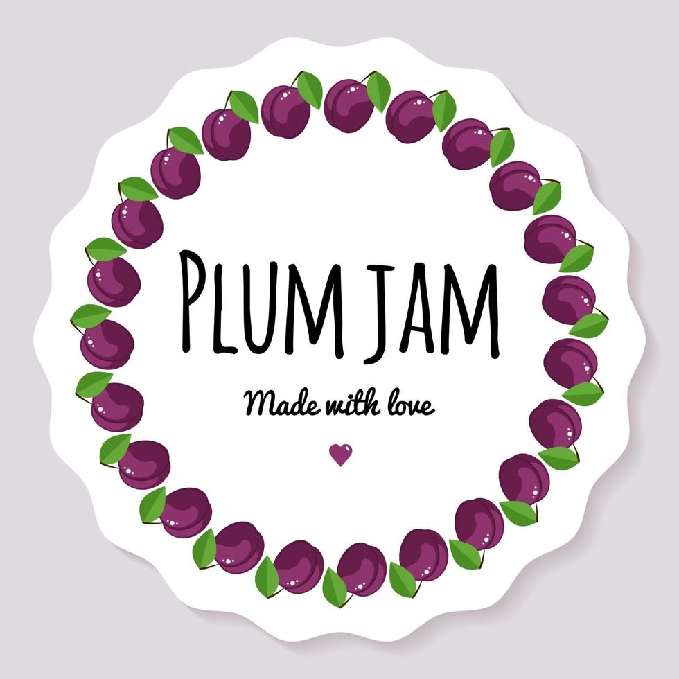 Vector illustration. Label for berry jam. Round frame of berries. Plum