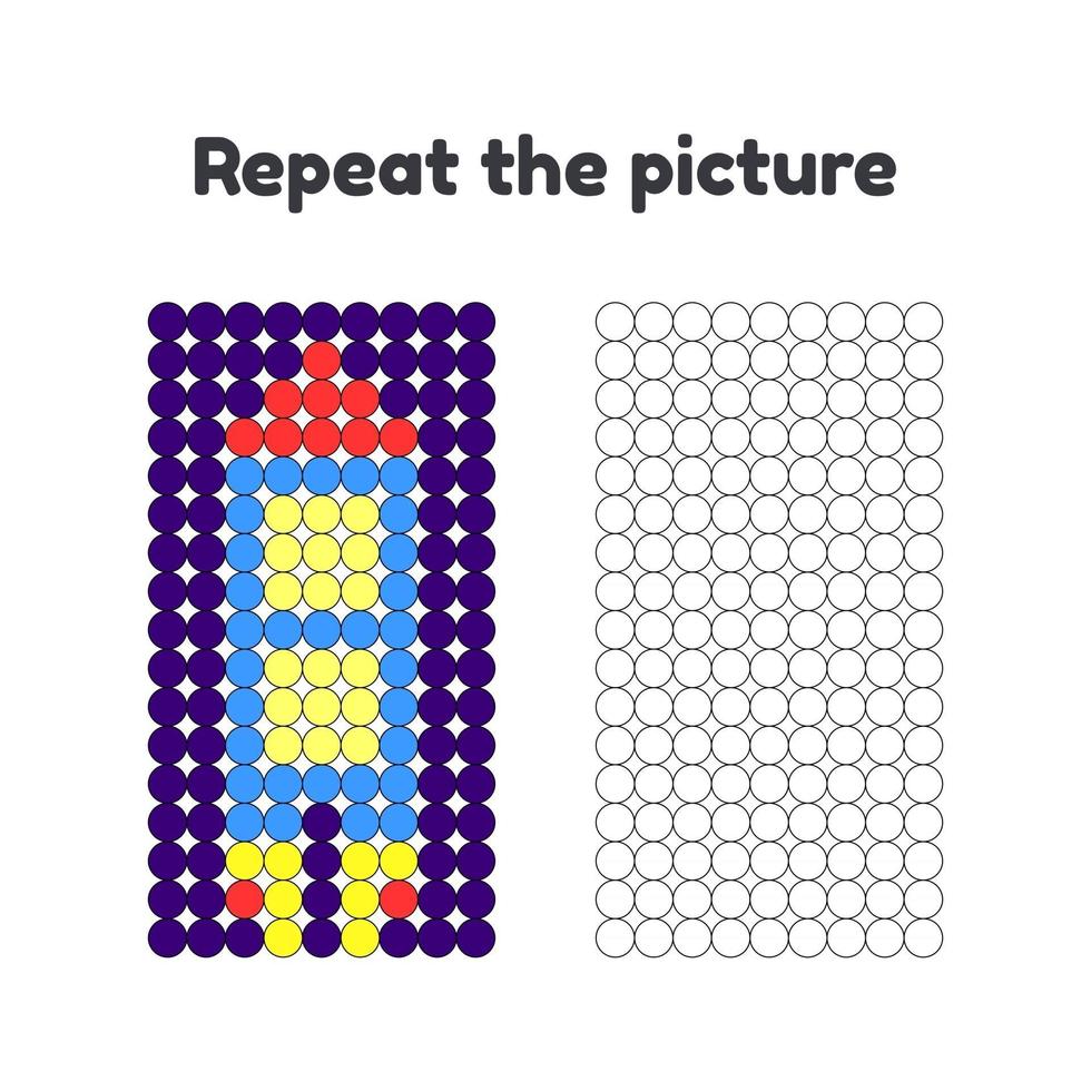 Vector illustration. Game for preschool children. Repeat the picture. Paint the circles. spaceship, rocket