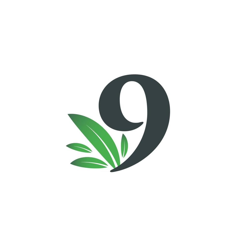 Number Nine logo with green leaves. Natural number 9. vector